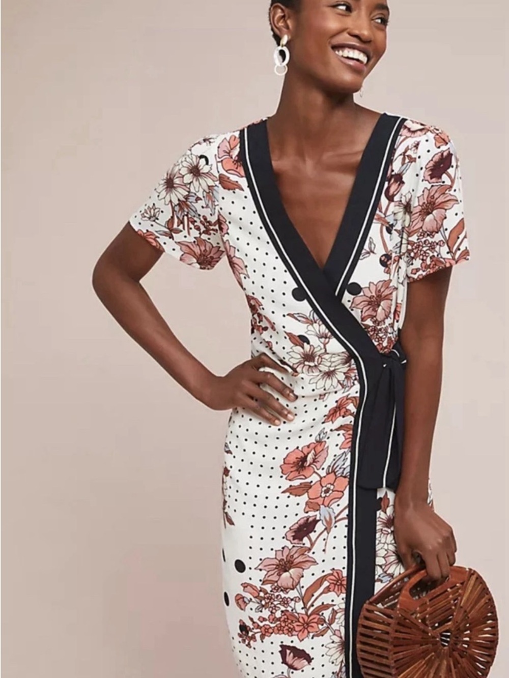 Anthropologie White Midi Wrap Dress with Dusty Rose Floral & Black Trim